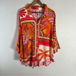 Christian Siriano Button Up Tunic Shirt Size 2X Orange Multi Print 3/4 Sleeves